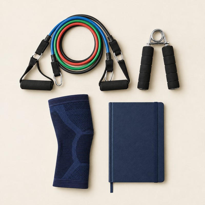 Illustrative flatlay of resistance bands, a grip trainer, sleeve, and notebook